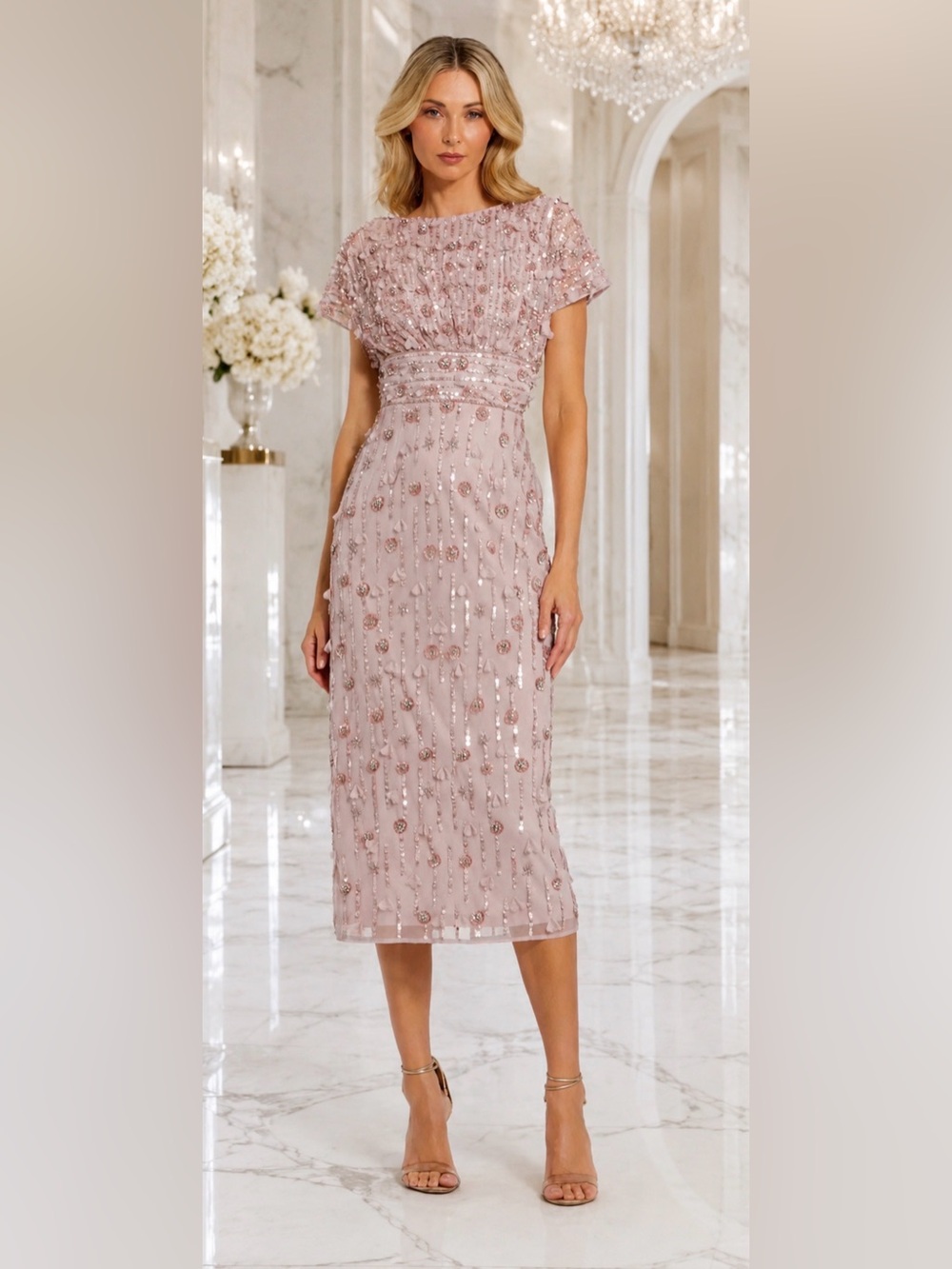 MAC DUGGAL Dress Size 8 NEW Pink Sheath Midi Dress Floral Beading